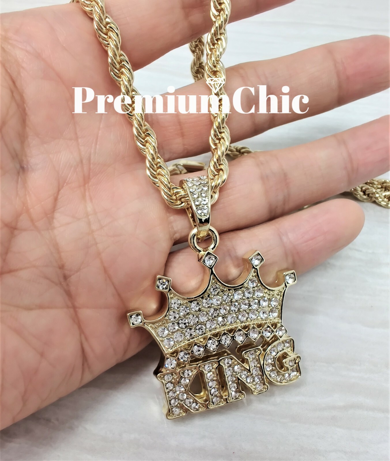 ICED Crowned King Pendant Necklace Choker with Rope Chain Mens Plated CZ Jewelry