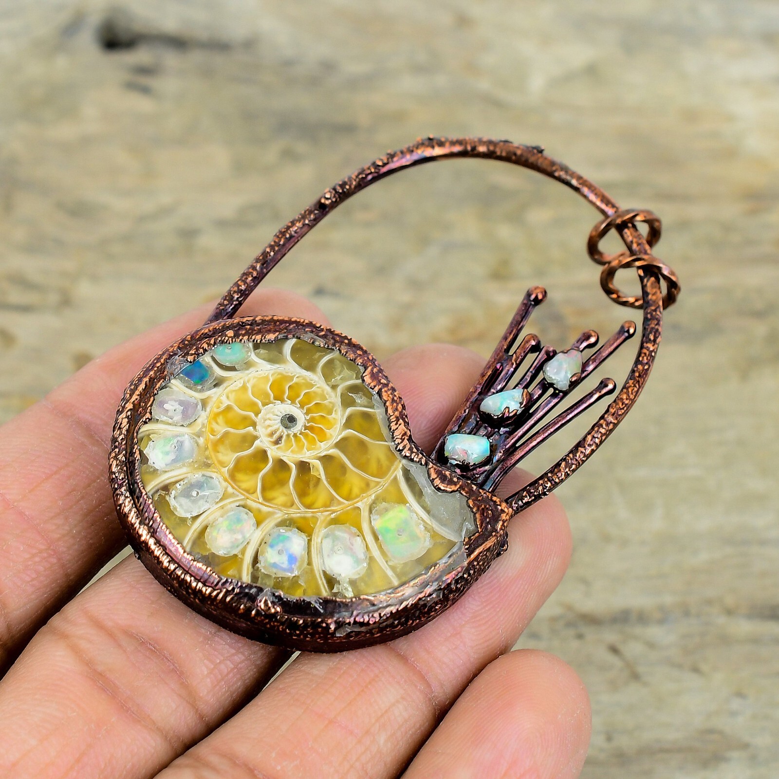 Natural Ethiopian Opal In Ammonite Fossil Birthday Electroformed Pendant Copper