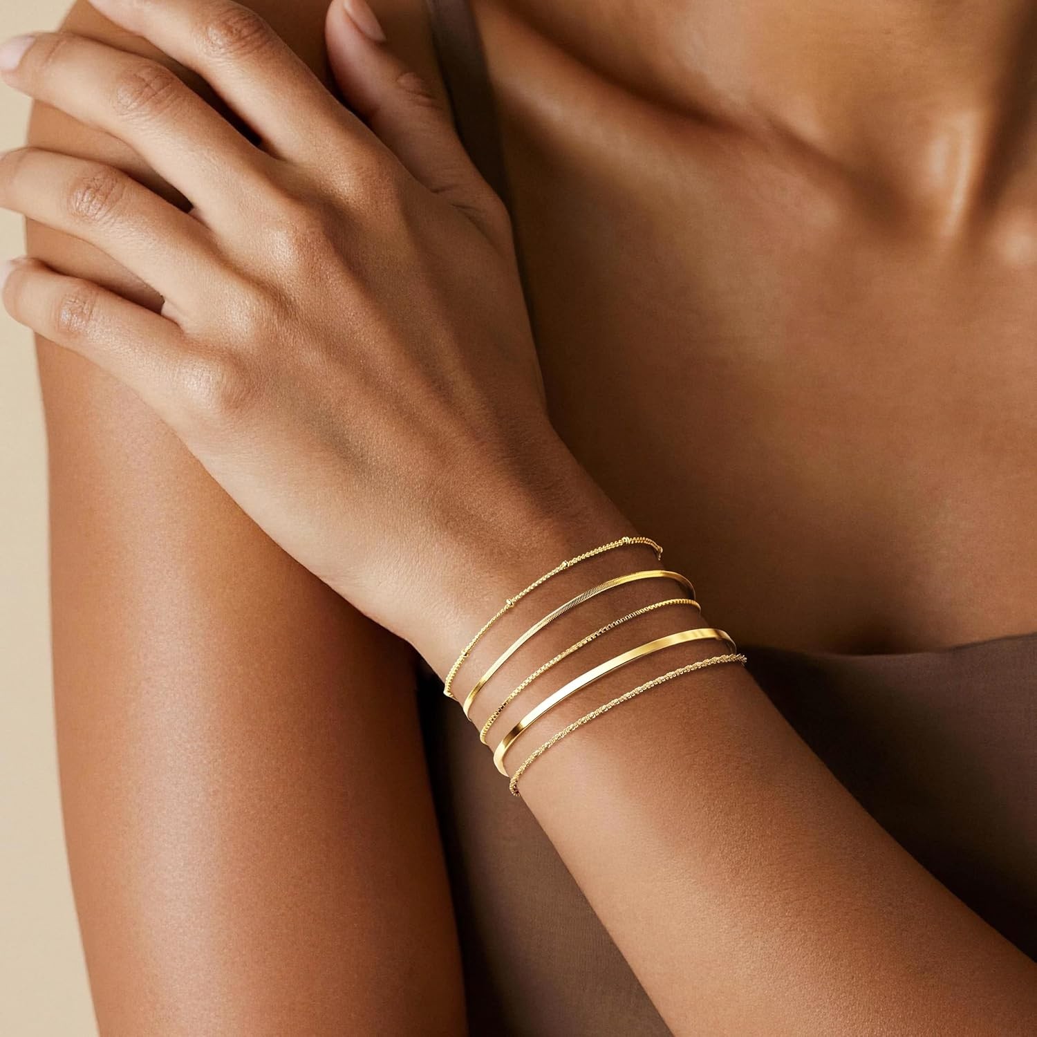 Thin Dainty Gold Bracelet for Women Stack, 14K Gold Plated Bracelet Stackable Se