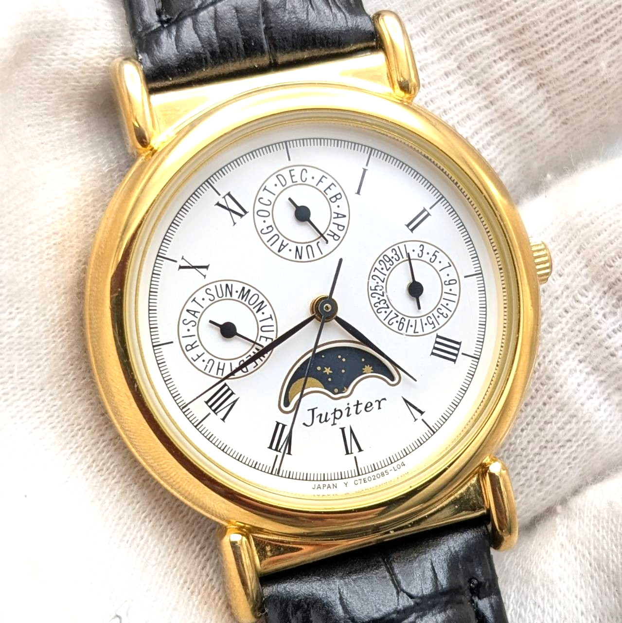 Vintage ORIENT Jupiter C7E508-50 Moon Phase Quartz Watch New Battery Strap Japan