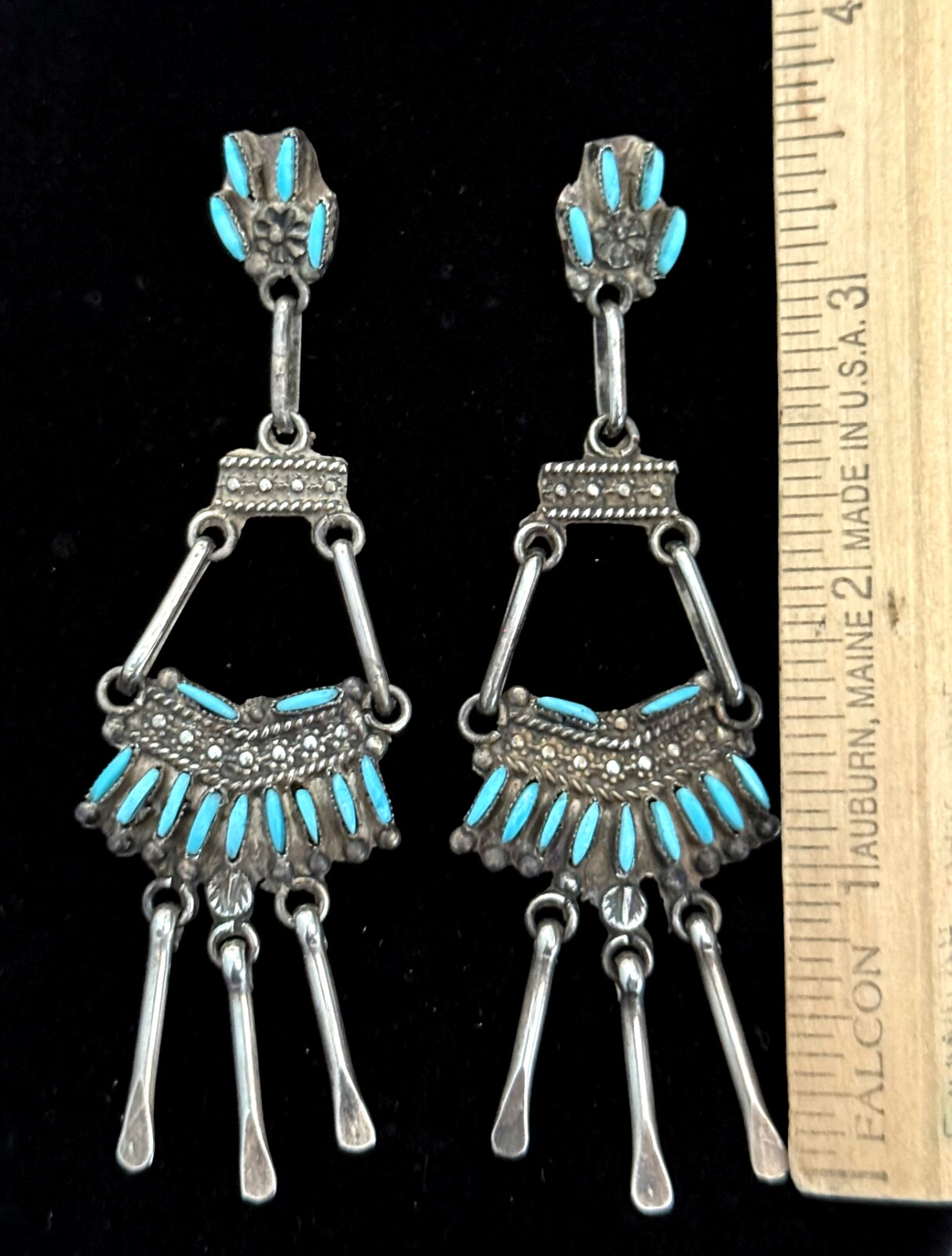 Vintage ZUNI Needlepoint Turquoise CHANDELIERS Sterling Dangle Earrings 3.75 in