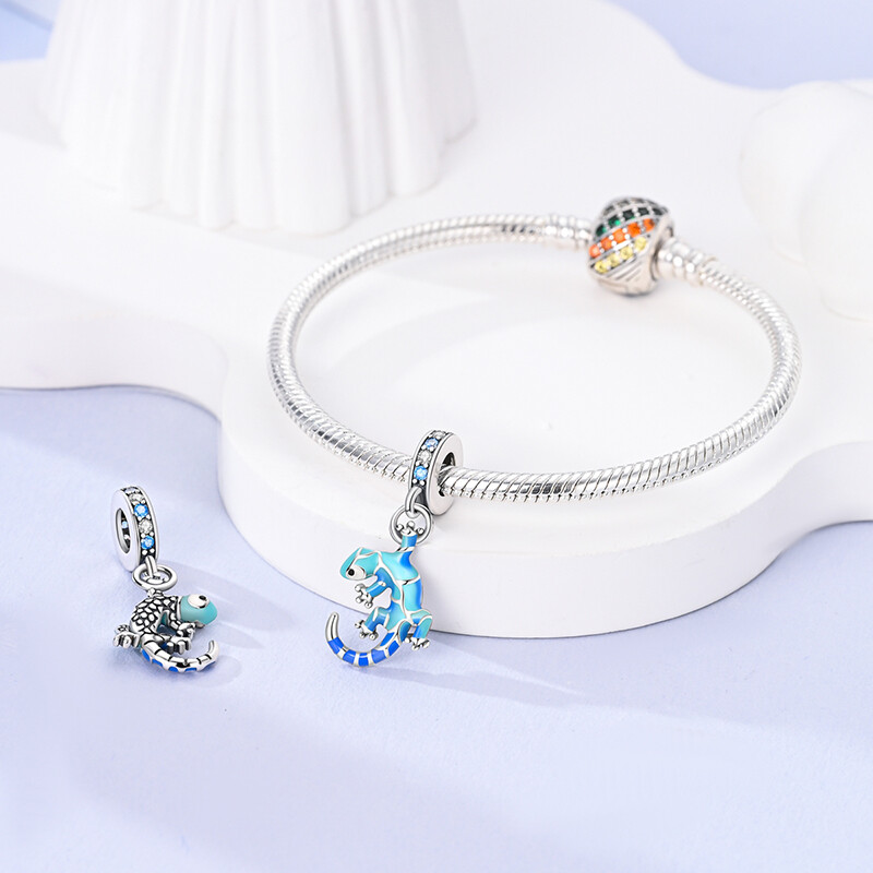 MULA European Silver Plated Charm AAA CZ Enamel Blue gecko For Women Bracelet