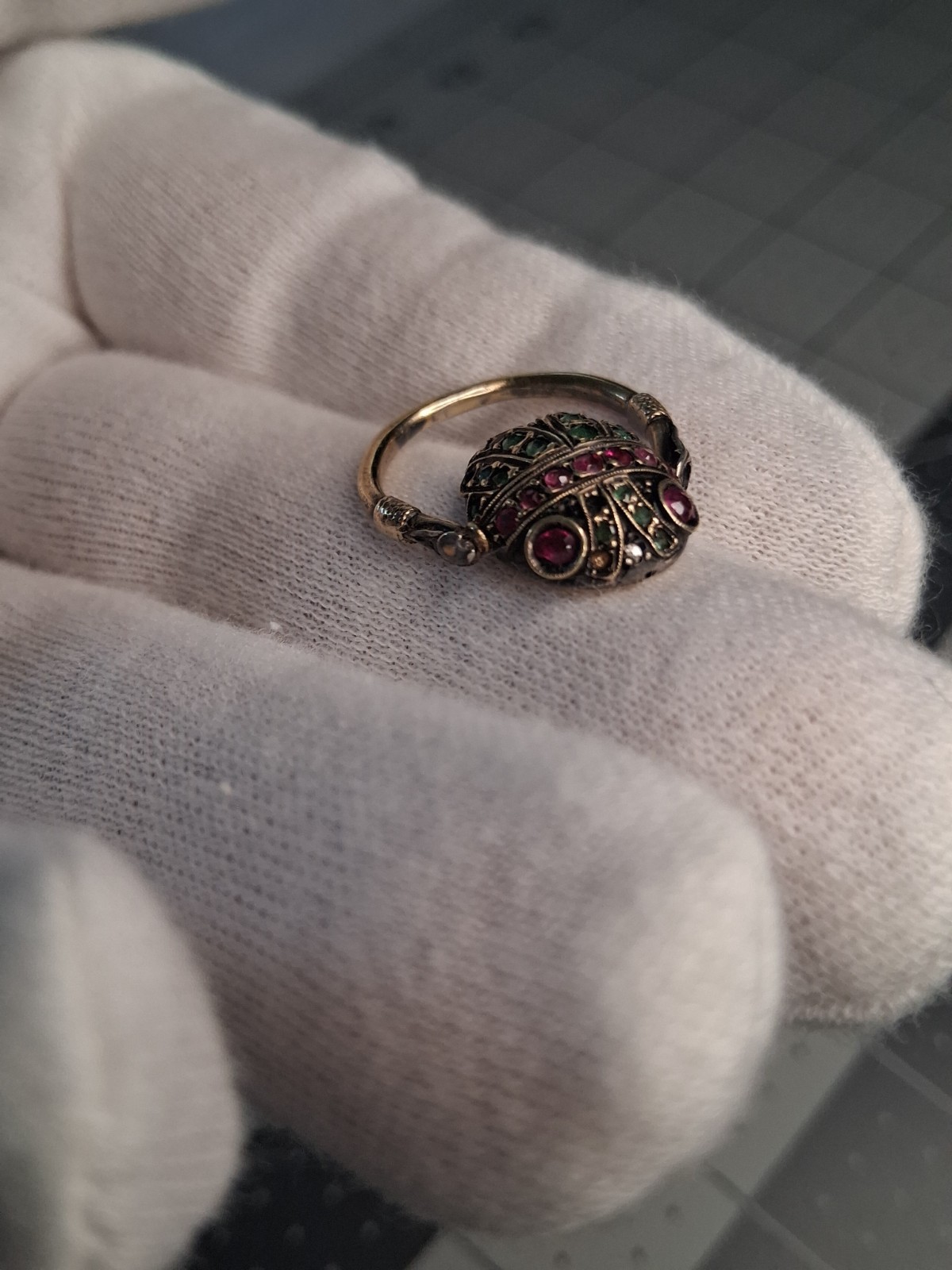 Antique 18k Rubies/Emeralds/Diamonds Scarab Flip Ring