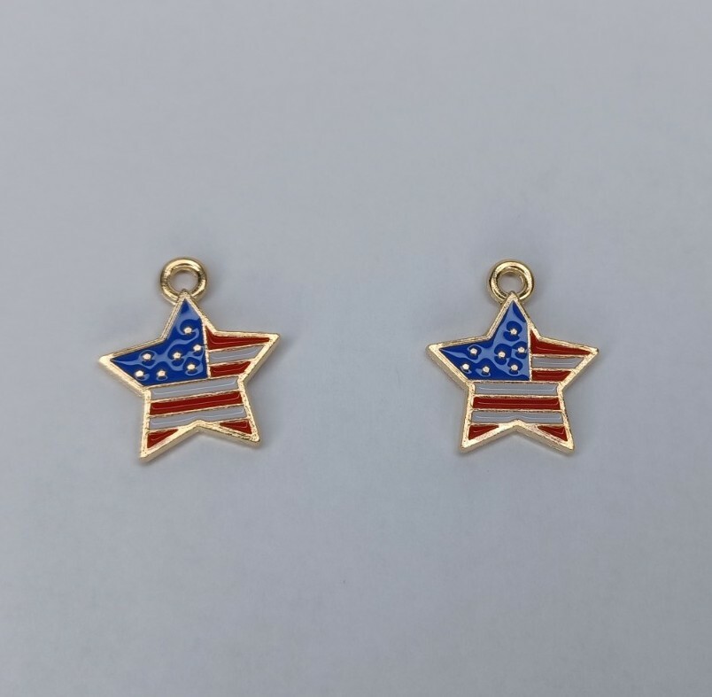 Earring Findings Gold Tone Enamel Star Red White & Blue 4th Of July Pair Of 2