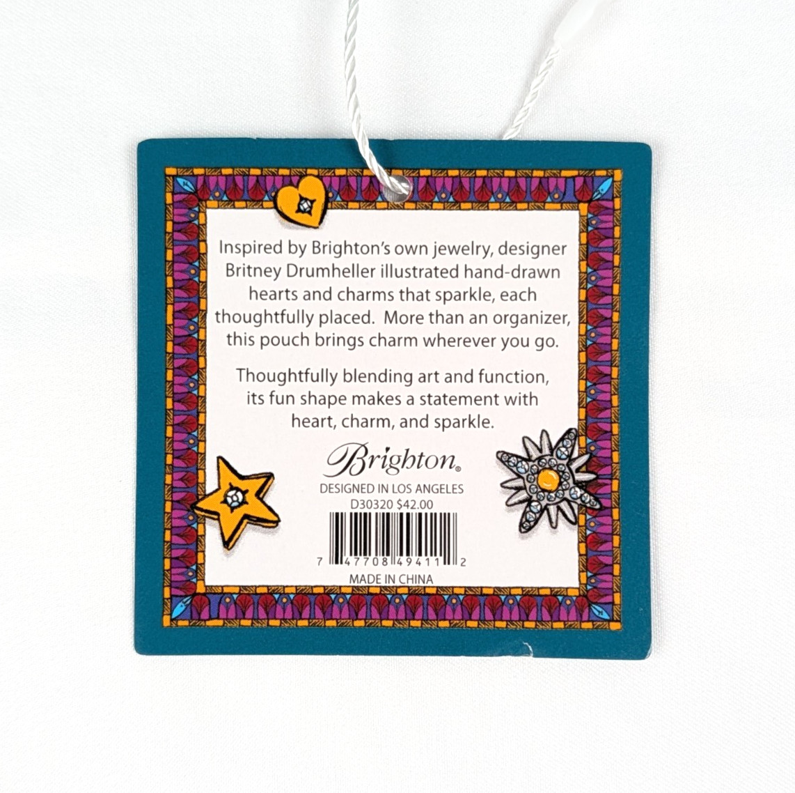 BRIGHTON “Charmed Love” Draw-String Jewelry Pouch Teal White Satin w/Jewels NEW