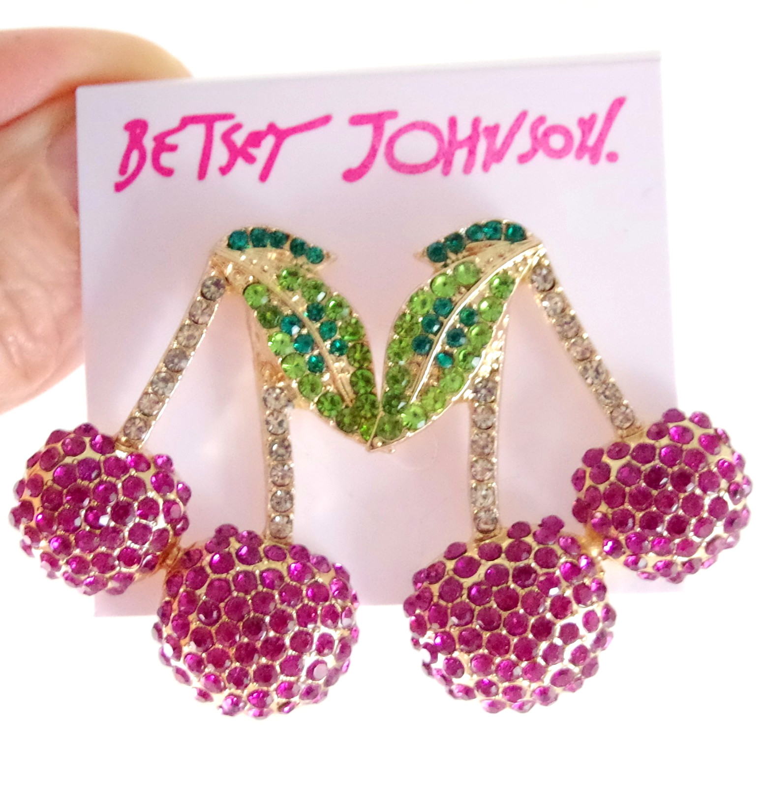 1 5/8″ NWOT BETSEY JOHNSON CRYSTAL RHINESTONE CHERRY FRUIT/ CHERRIES EARRINGS