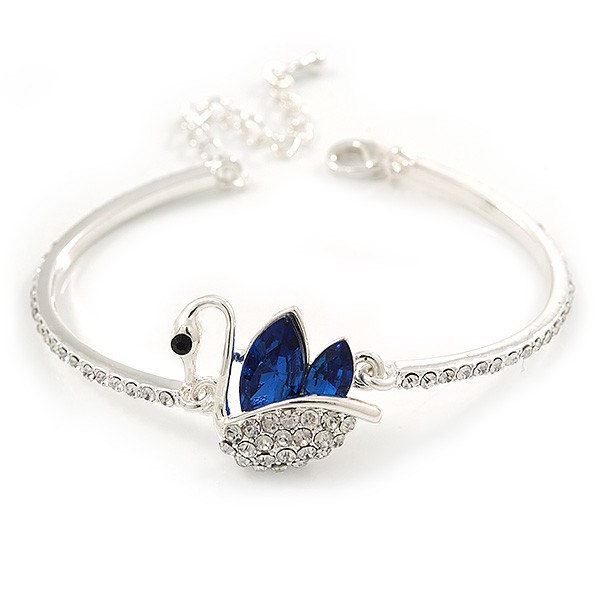 Exquisite Clear Crystal, Blue CZ Swan Bracelet In Rhodium Plating – 18cm L/ 5cm
