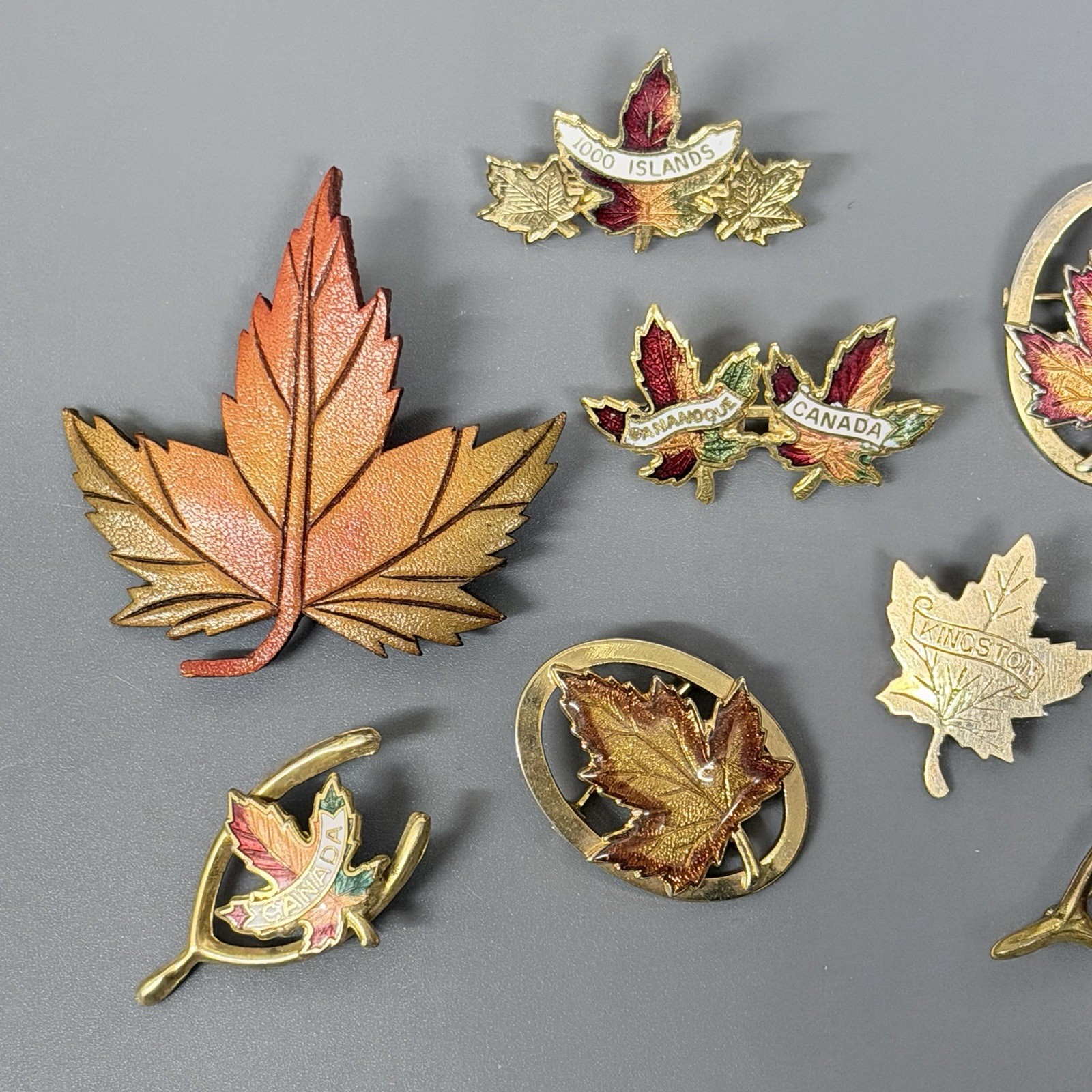 Vintage Canadian Maple Leaf Pins Brooches Lot Of 8 Leather Metal Enameled