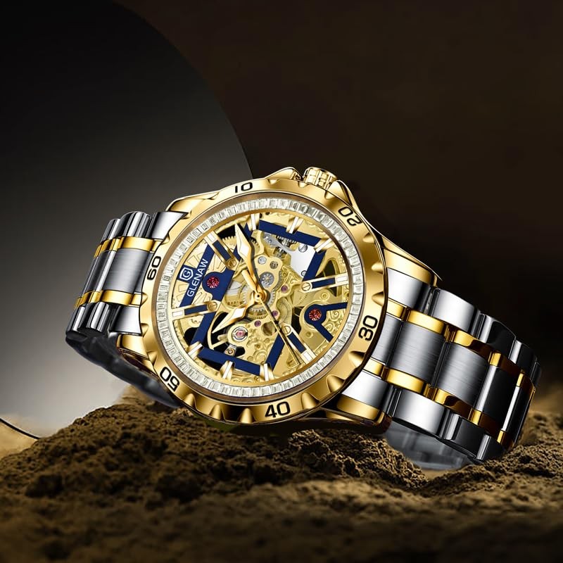 Automatic Watches for Men-Rhinestone Ring Open Dial, Skeleton Mechanical Self…