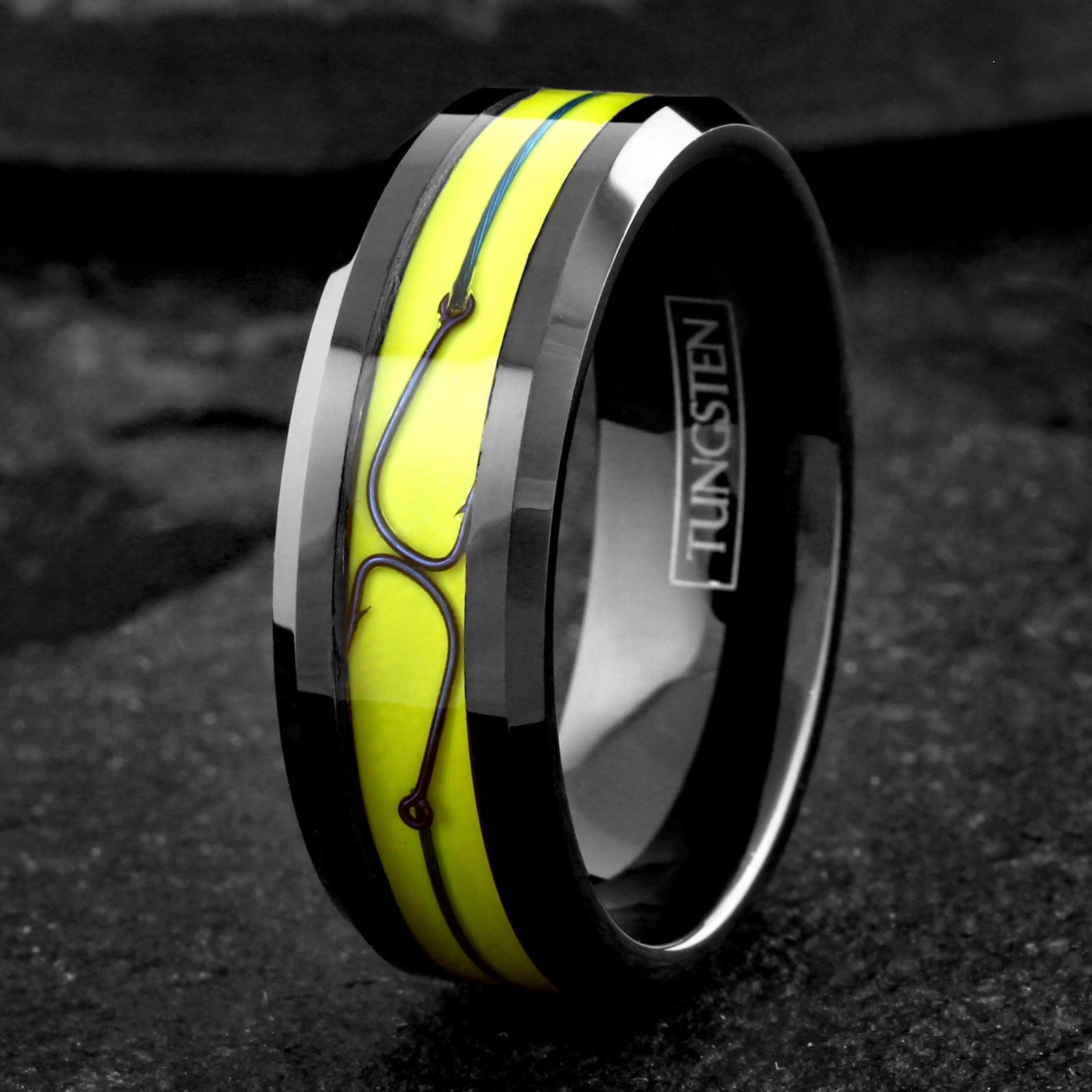 8mm Black Tungsten Yellow Enamel w/ Blue Fishing Line & Hook Wedding Band Ring