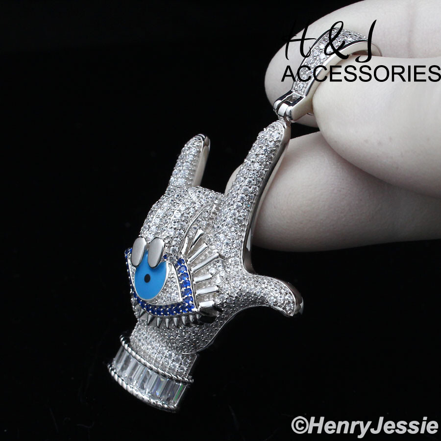 925 STERLING SILVER ICY BLING CZ 3D ROCK N’ ROLL HAND EVIL EYE PENDANT*SP358