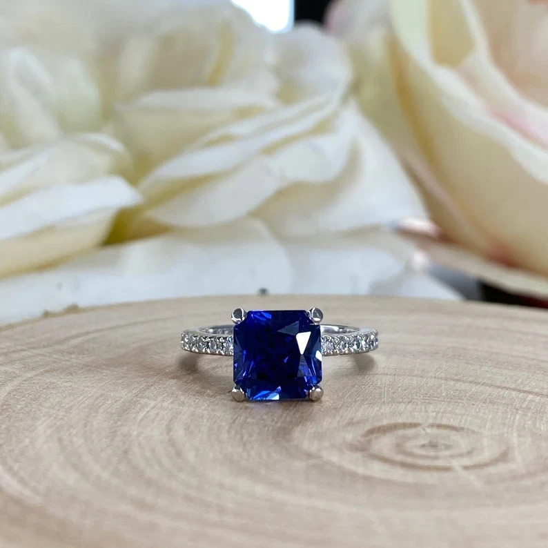 2.30 Ct Princess Natural Sapphire & Diamond Wedding Ring 14K White Gold Size 5