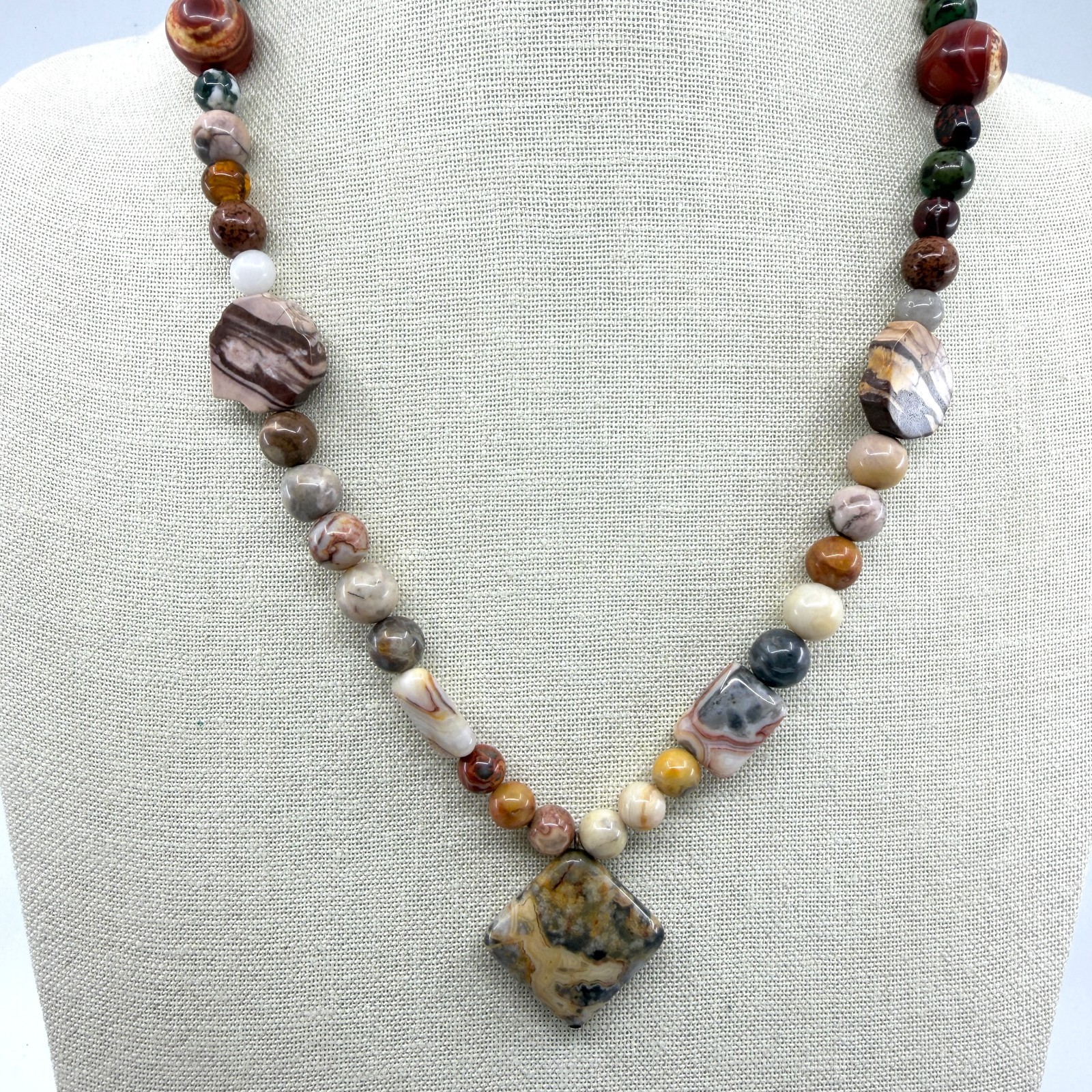 Mixed Jasper Agate Stone Beaded Necklace Large Diamond Pendant Magnetic Clasp