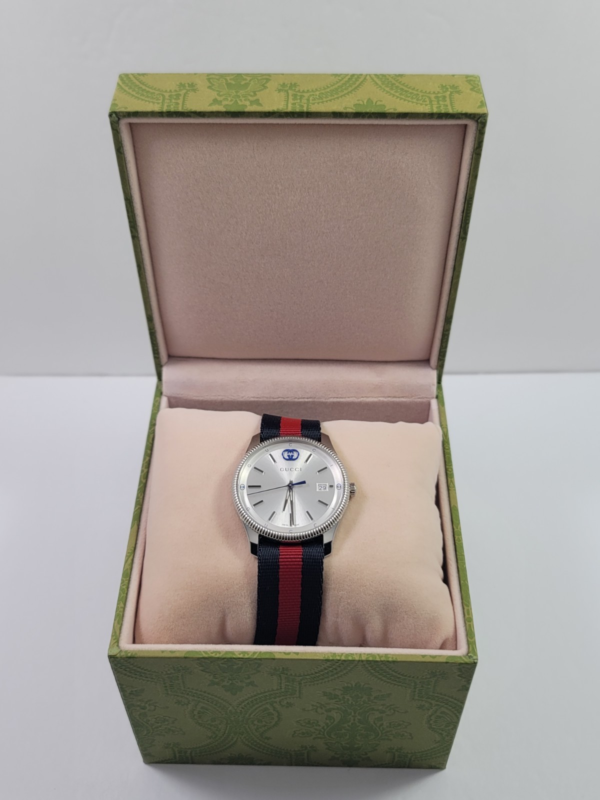 Gucci G-Timeless SWISS Quartz Silver Dial Blue Red Nylon Strap Watch YA1264237