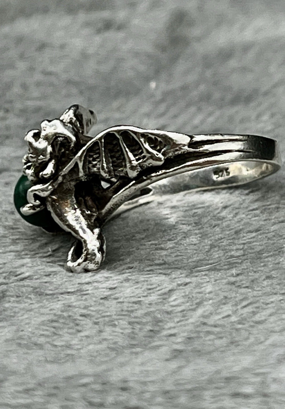 Sterling Silver 3-D Dragon Malachite In Talons Ring Fantasy Gothic Size 5.5