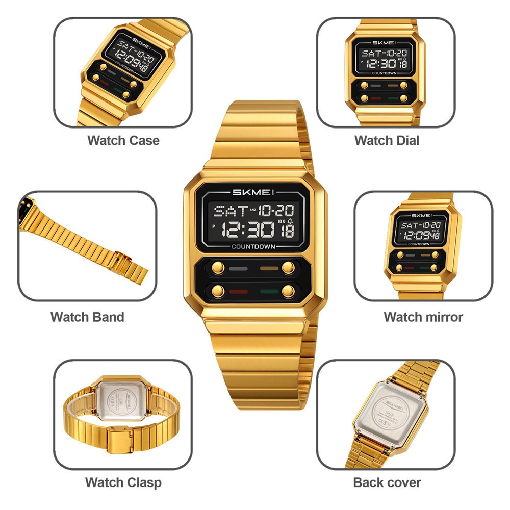 SKMEI Men Watch Rectangle Dial Steel Wristwatch Fashion Male Sport LED Watch