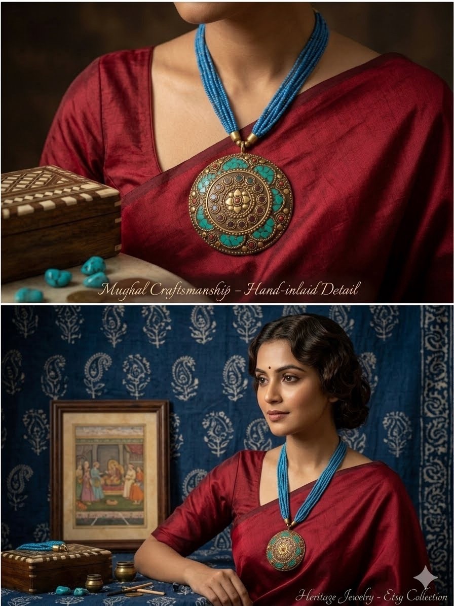 Rajasthani Necklace Multi Strand Blue Beaded Oxidized Gold Medallion