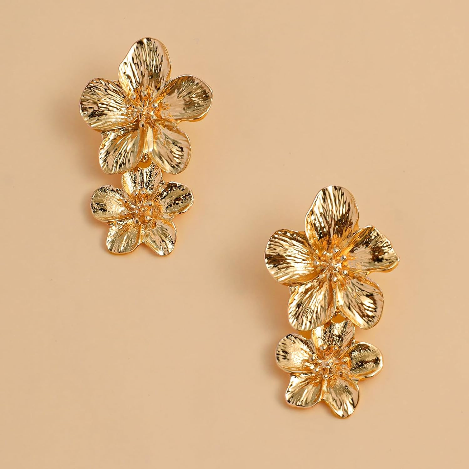 Gold Flower Earrings Double Statement 7 Cm X 11 X 1.8 Cm, Gold