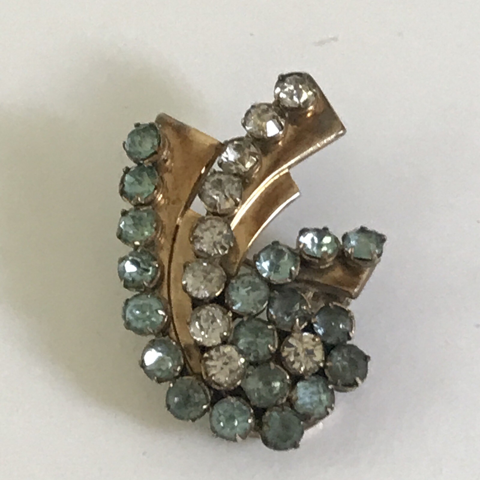 Vtg Art Deco Lustern 12K Gold Filled Clear Teal Rhinestone Flower Brooch