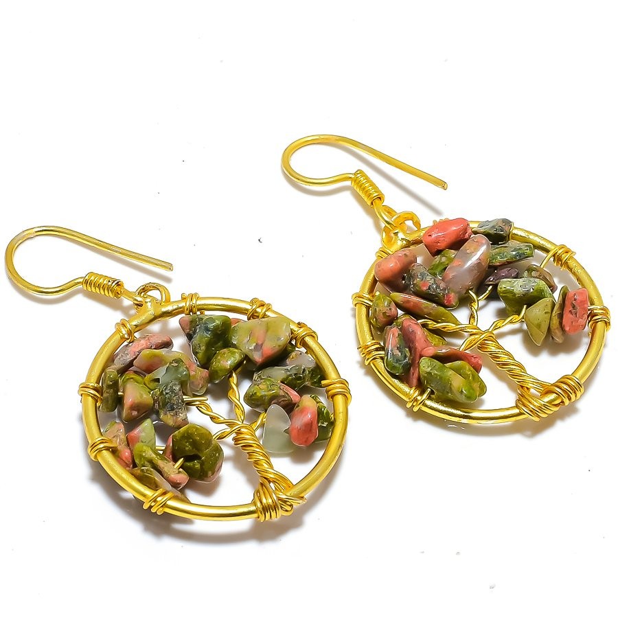 Tree Of Life Unakite Gemstone 925 Silver Plated Earring Jewelry 2.0″ LE-4680