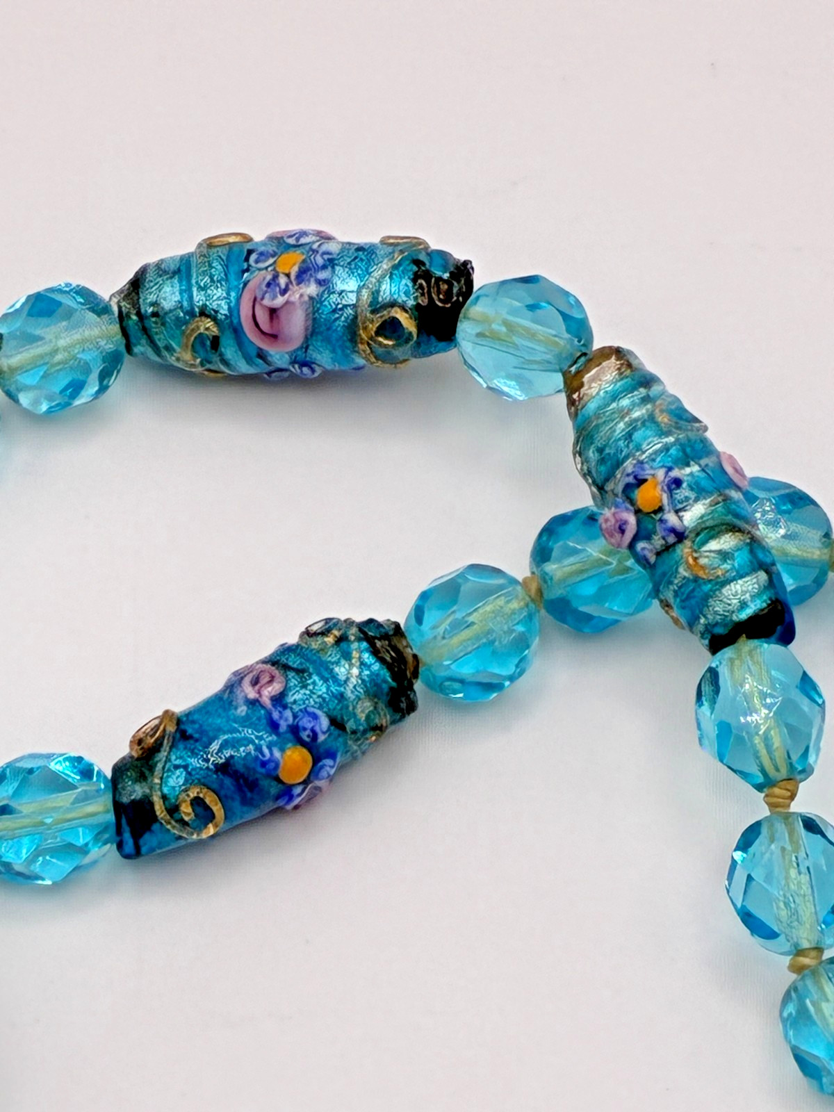 Antique Murano Venetian Glass Aqua Blue Wedding Cake Crystal Bead 39″ Necklace