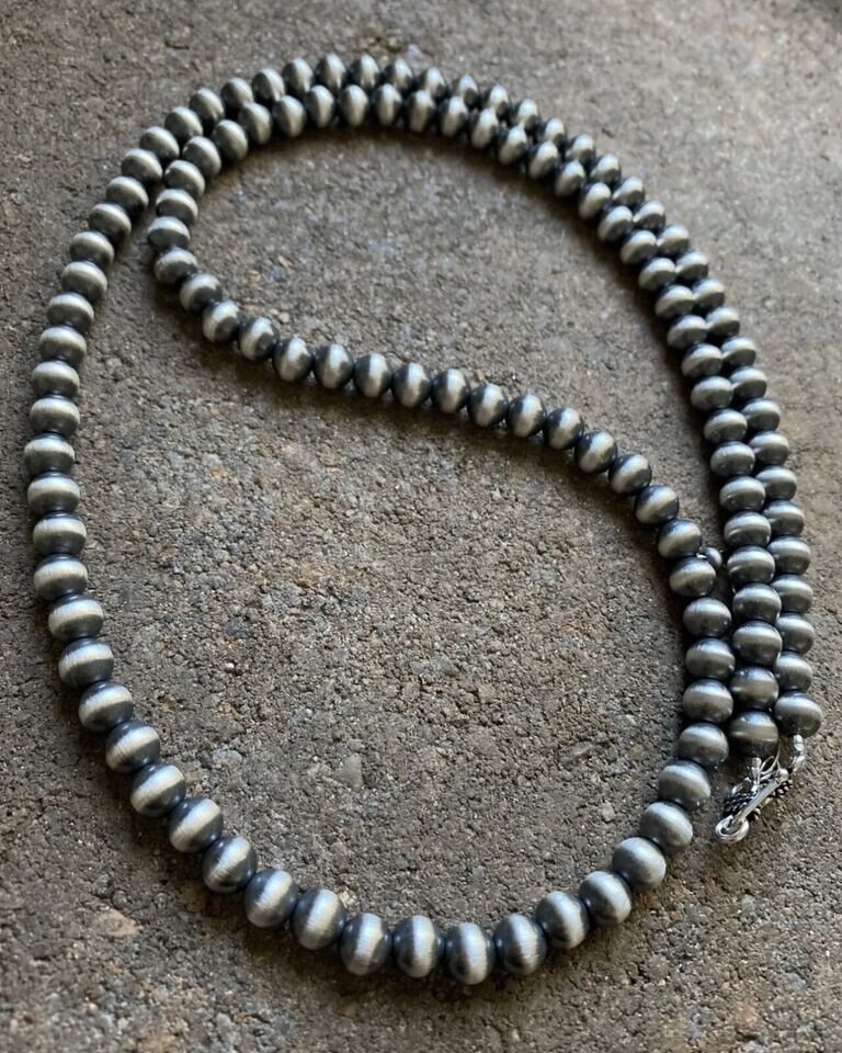7mm 36 Inch 925 Sterling Silver Oxidized Pearls Bead Necklace Southwestern