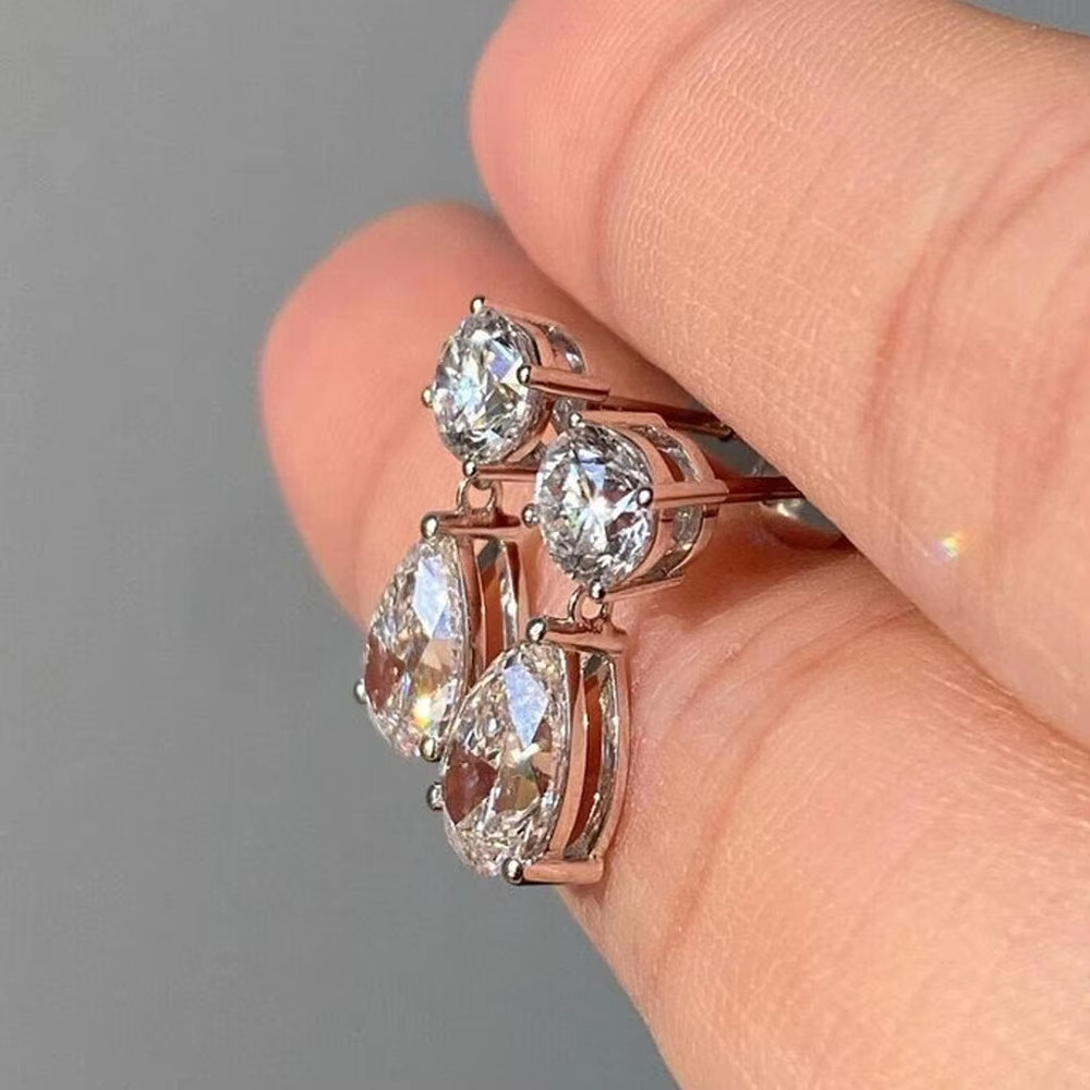 5.00Ct Pear Round Cut Moissanite Drop Earrings 925 Silver 14k White Gold Plated