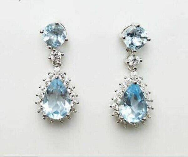 4.50Ct Pear Cut Aquamarine Gorgeous Drop & Dangle Earrings 14K White Gold Finish
