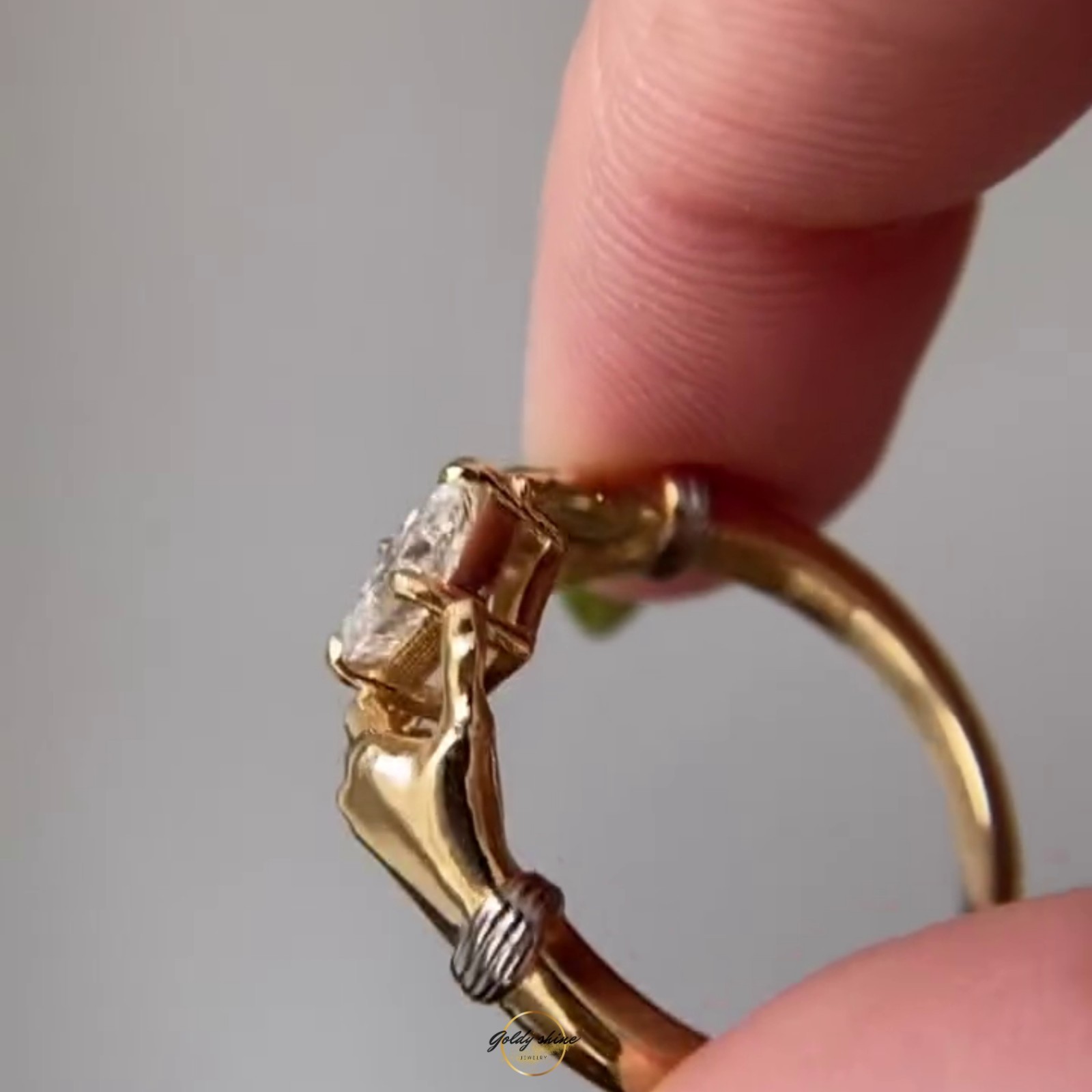 1 Ct Asscher Cut Moissanite Grasping Hands Artistic Ring 14K Yellow gold plated