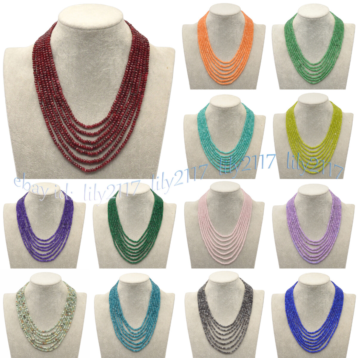 7 Rows Faceted 2x4mm Multicolor Jade Gemstone Rondelle Beads Necklaces 17-23”