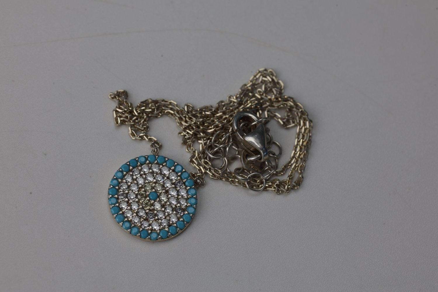 925 Sterling Silver Evil Eye Necklace Turquoise Cubic Zirconia Pave Disc 18
