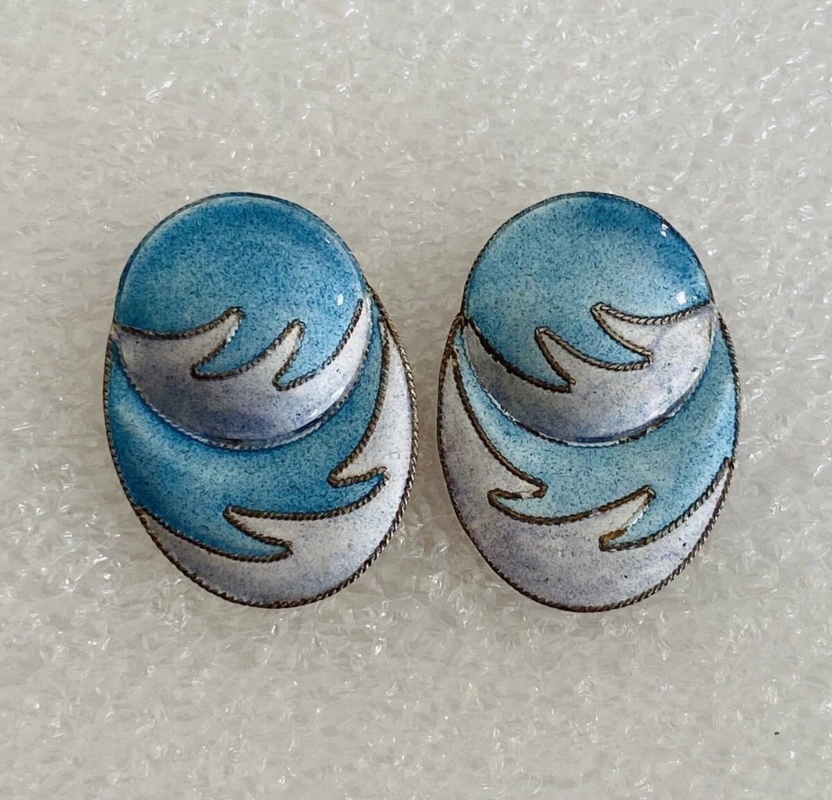Vintage Chinese Export Gilt Sterling Silver Enamel Blue Waves Oval Earrings