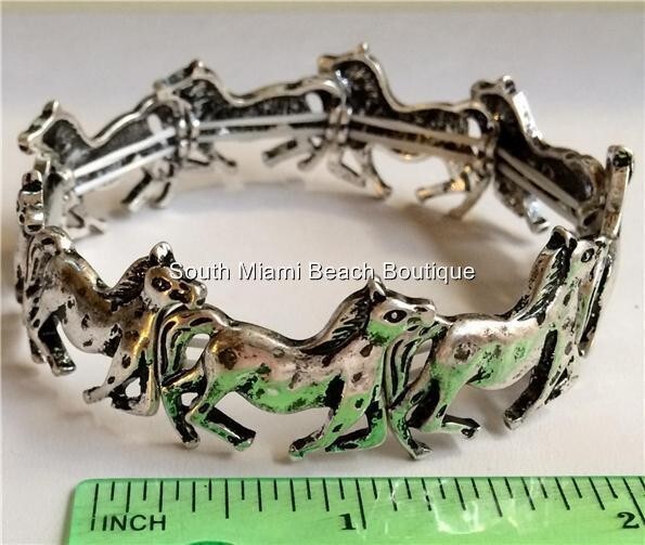 Silver Horse Charm Bracelet Country Western Cowgirl Silver Plated Stretch