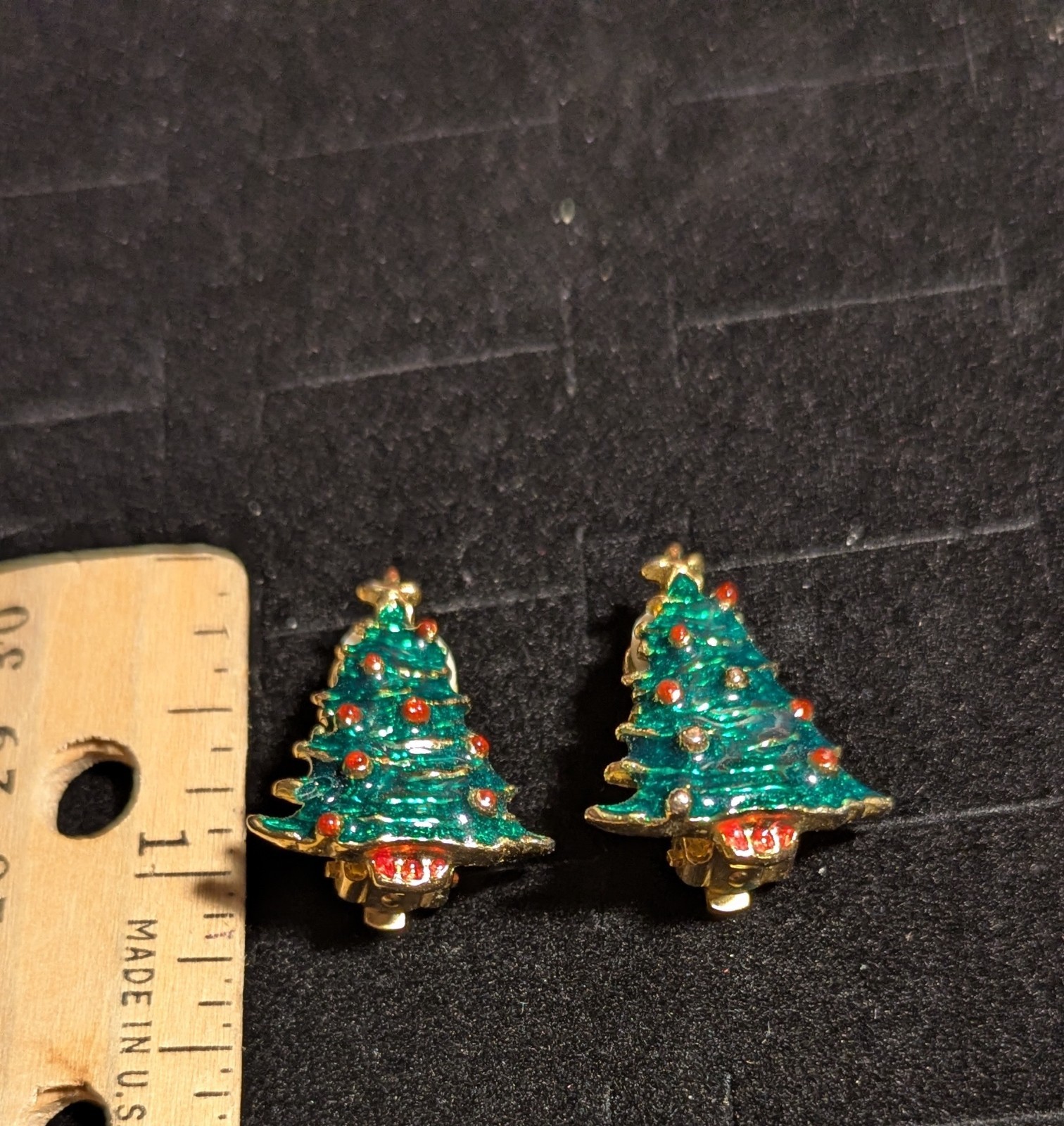 Christmas Tree Earrings Clip On Holiday Winter Gold Tone multicolor ornaments