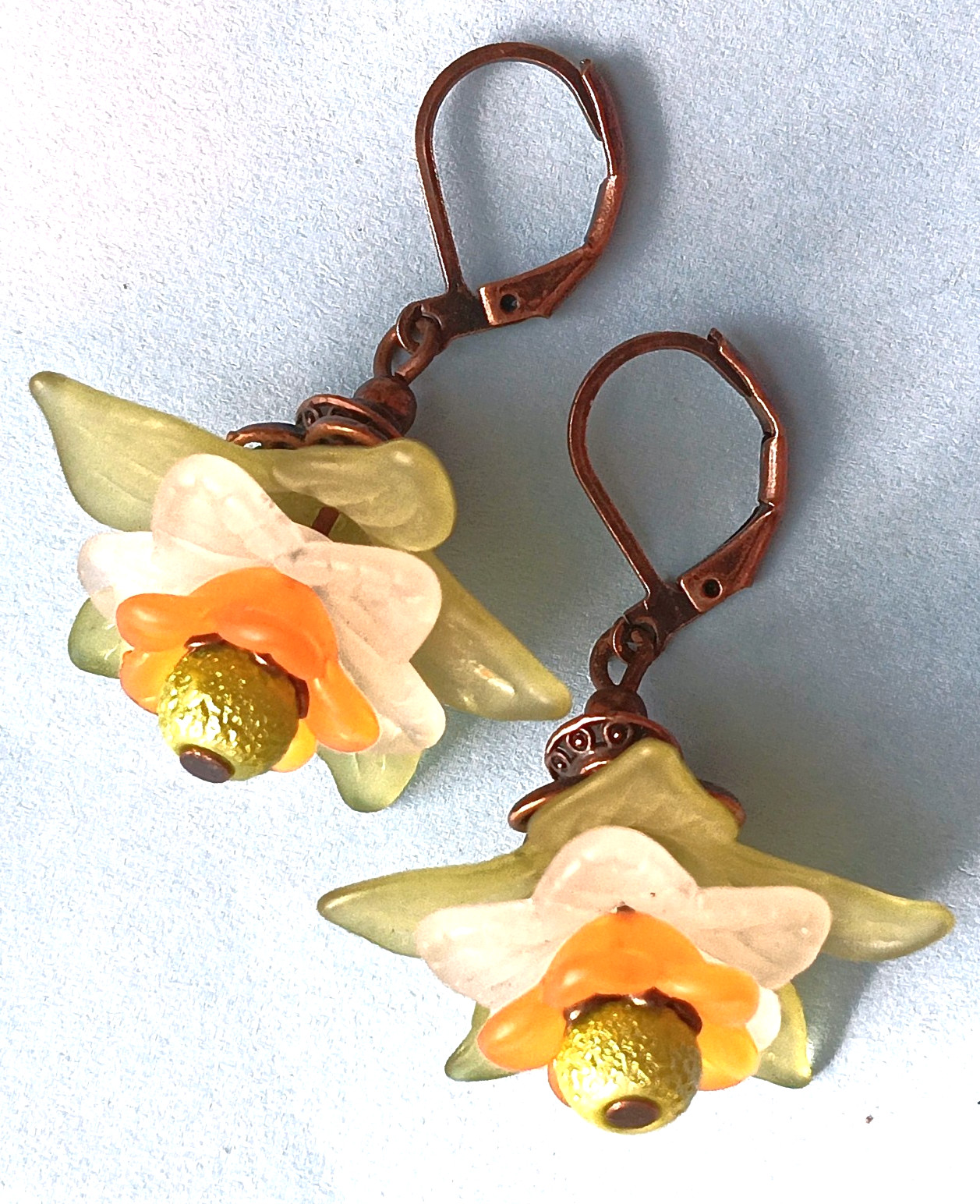 lime orange ACRYLIC LILY Green bicone Crystal COPPER LEVERBACK #ACTA