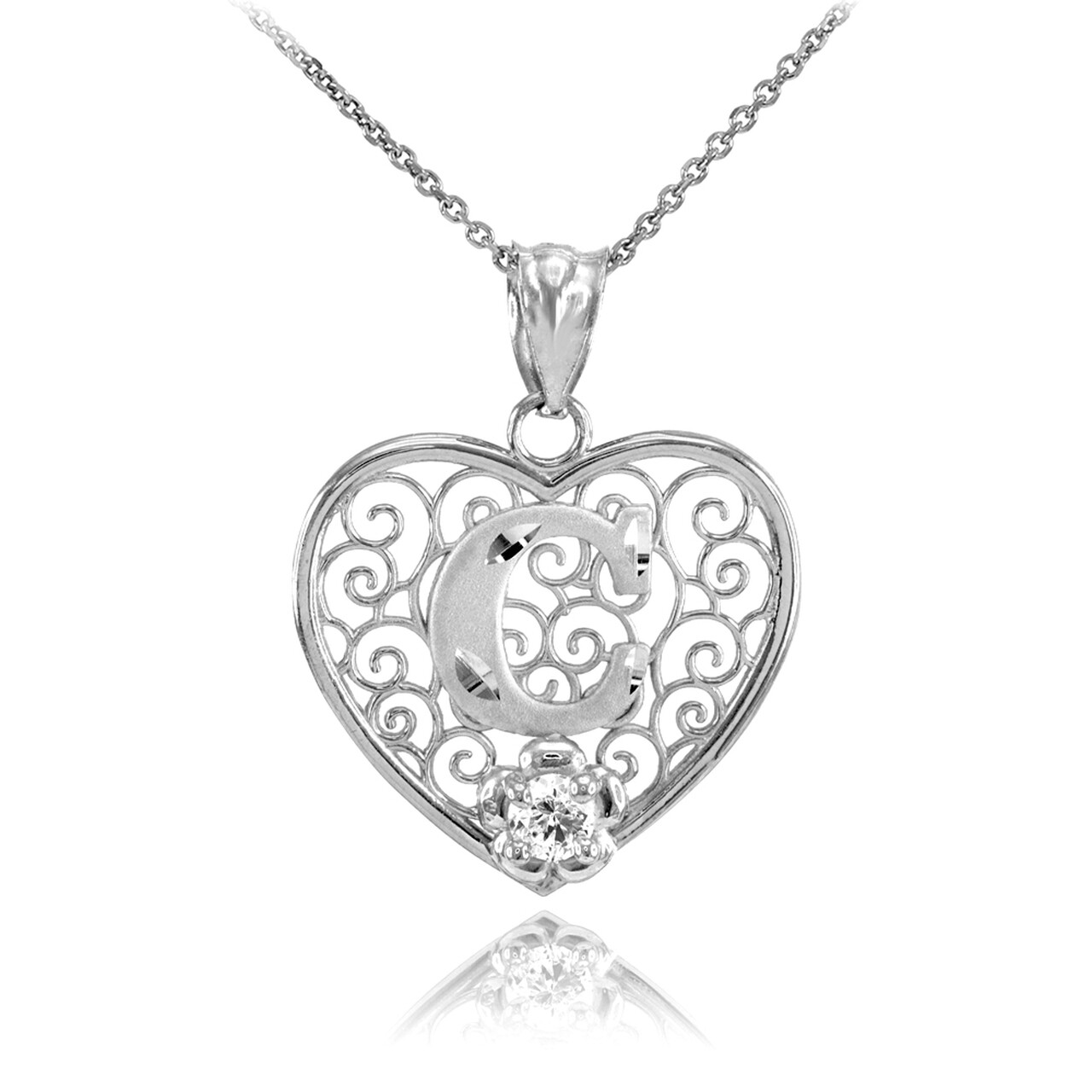 925 Sterling Silver Filigree Heart CZ Any / All Initial Letter Pendant Necklace
