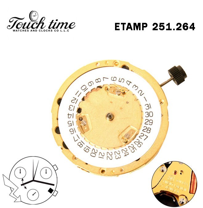 ETA 251.264-Swiss Quartz Movement-Height:7.38mm-White Date Disk At 4-3 Hands.