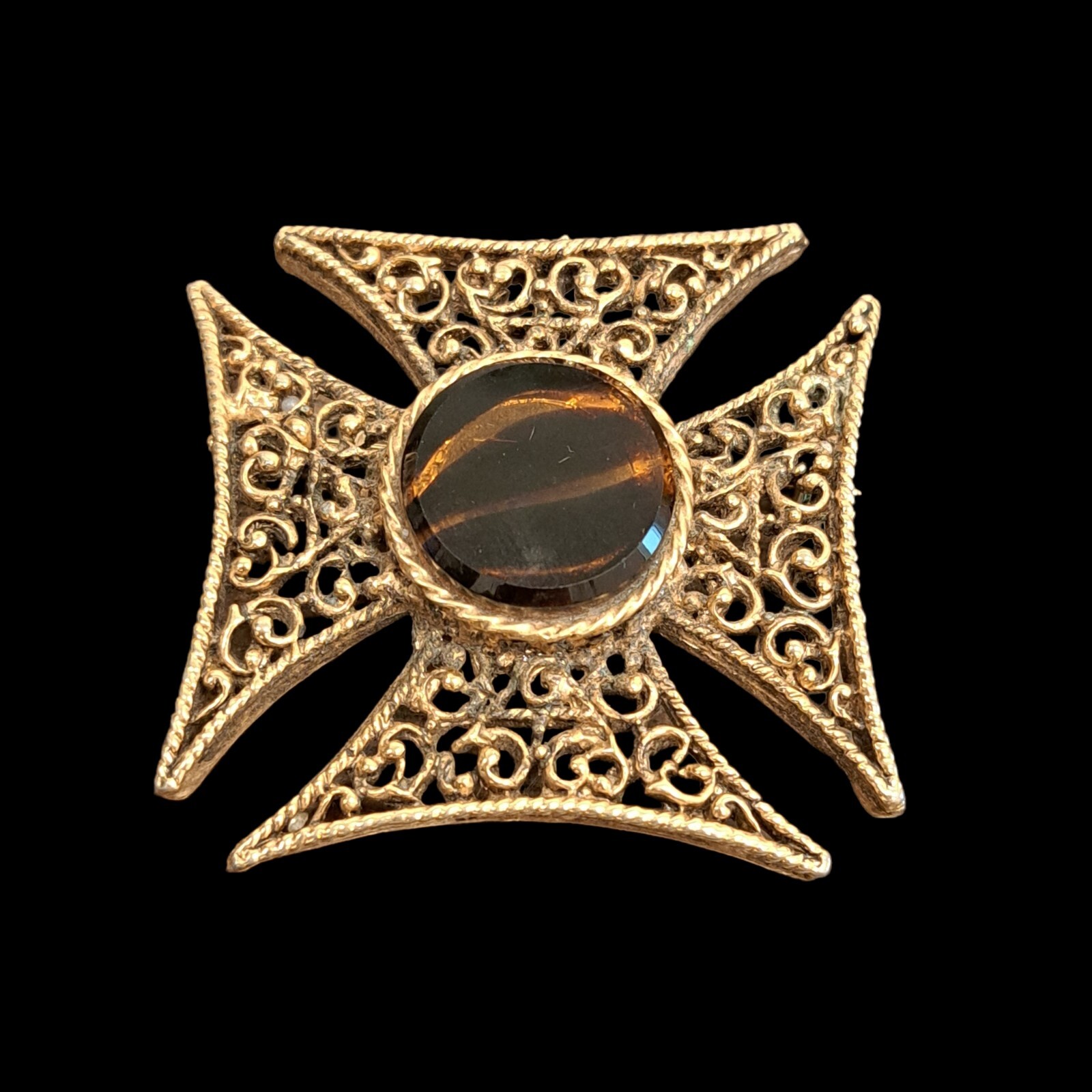 Vintage Maltese Cross Brown Glass Pin Brooch Filigree Art Jewelry 2″