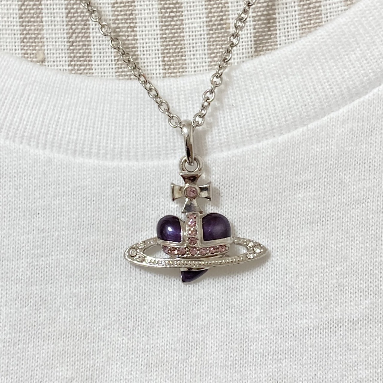 Vivienne Westwood Necklace Diamante Heart Silver Purple TOP 2.5cm NO BOX