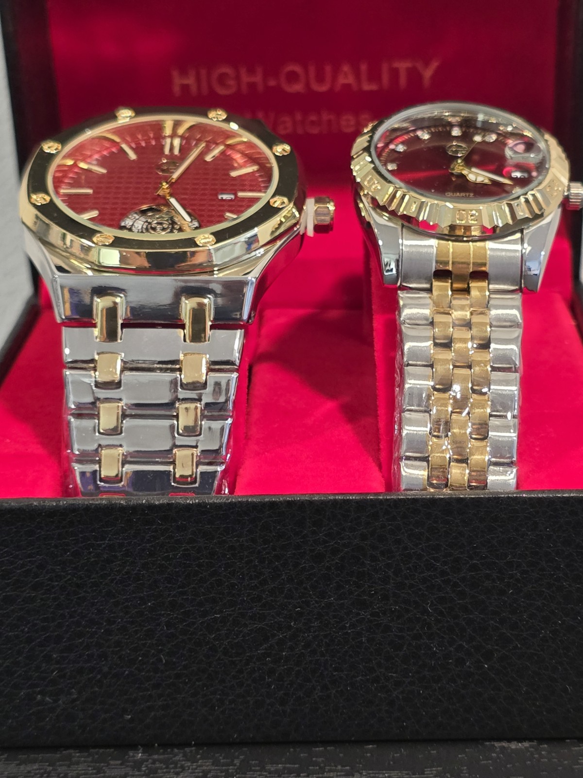 ​His and Hers Luxury Watch Matching Set Two-Tone Gold Silver Red Dial Gift Boxed