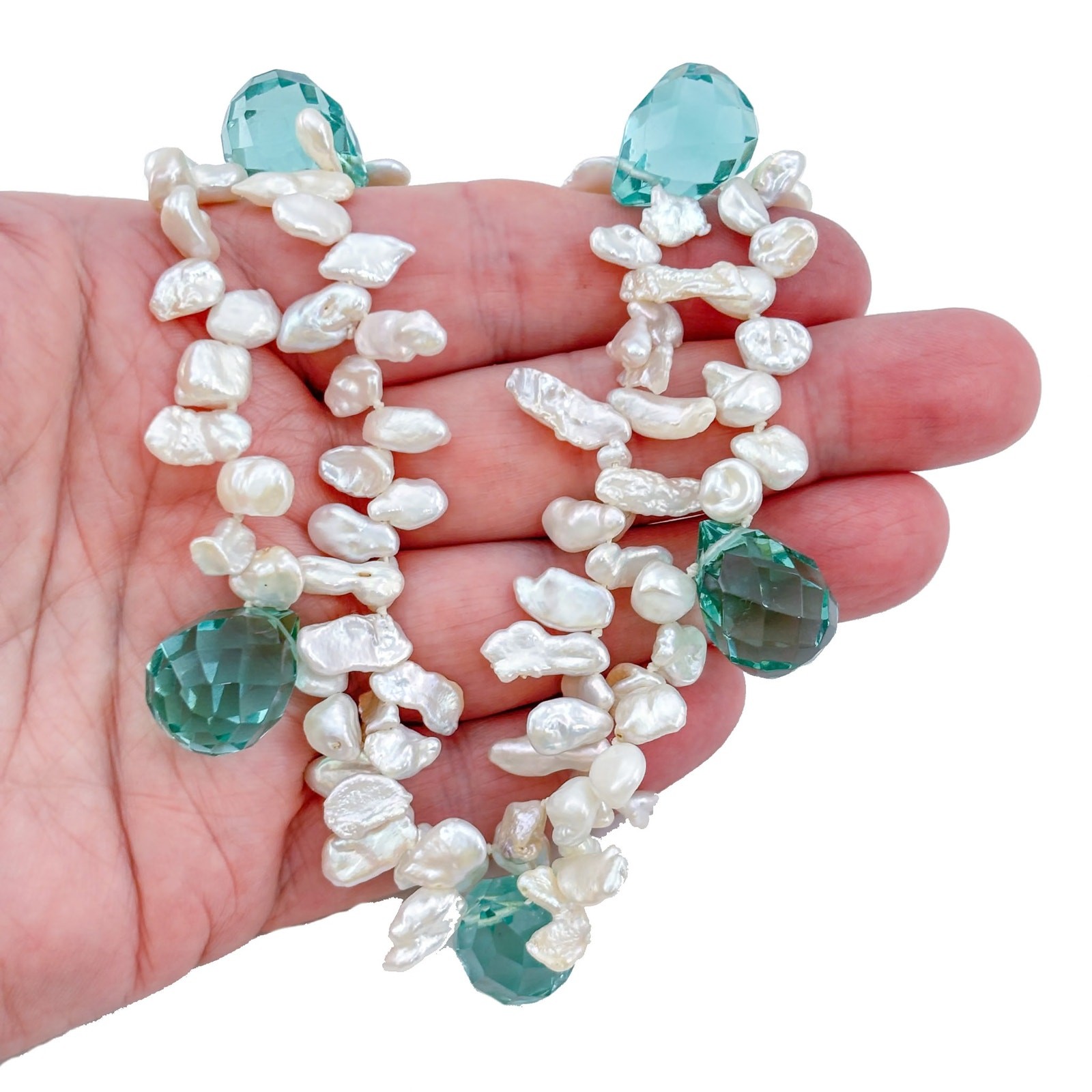 Vintage Sterling Silver 925 Pearl Teal Faceted Crystal Prism Necklace 19″