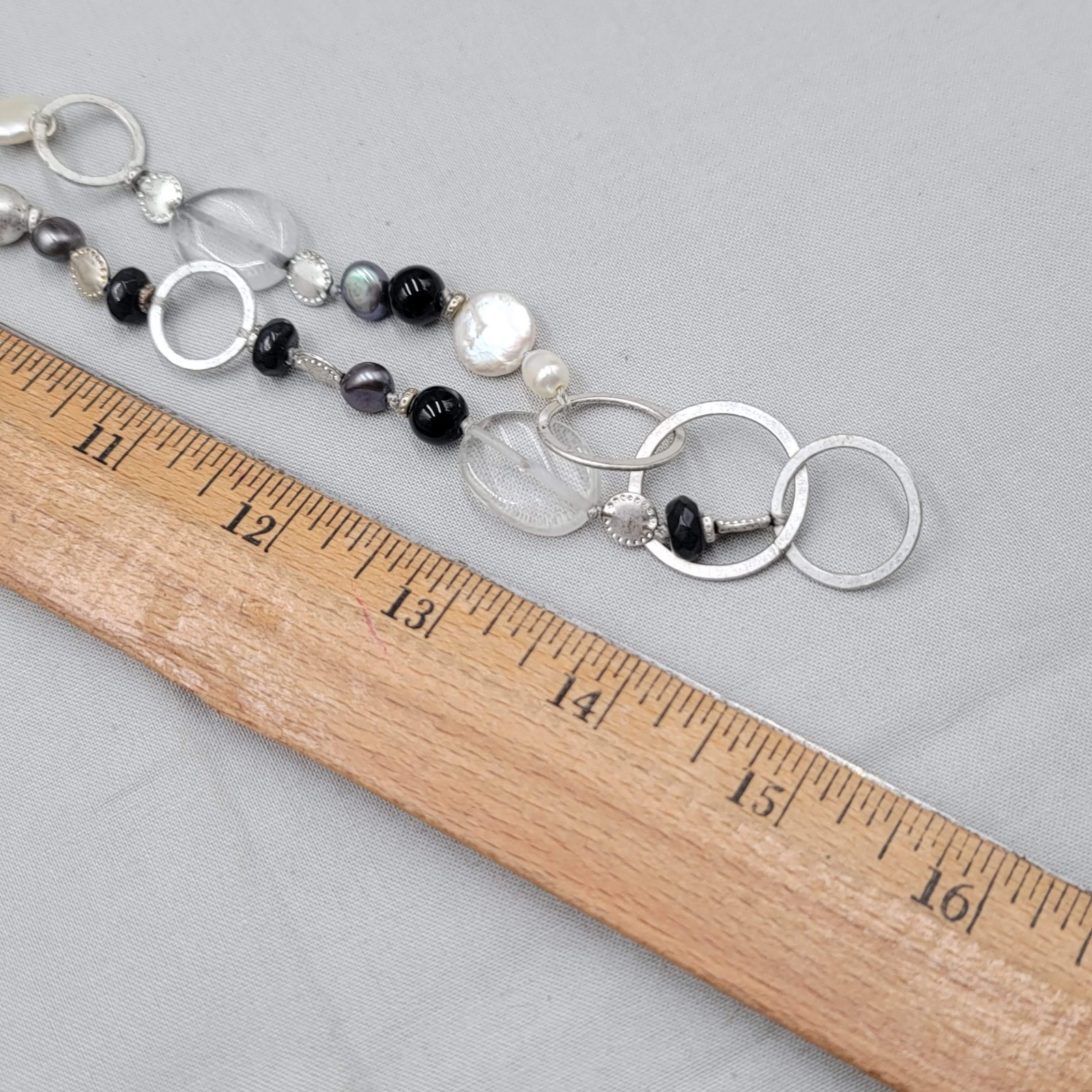 Black Gray White Beaded Necklace Silver tone Links Long 30 in