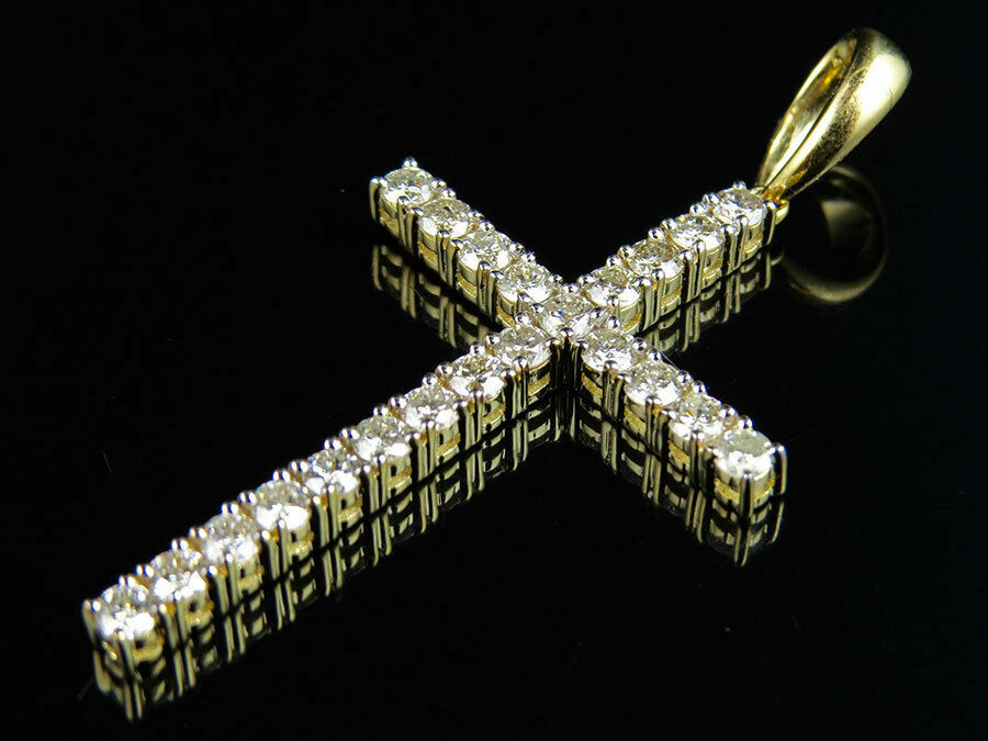 14K Yellow Gold Finish One Row Shared Prong Diamond Cross Pendant Charm 2 ct