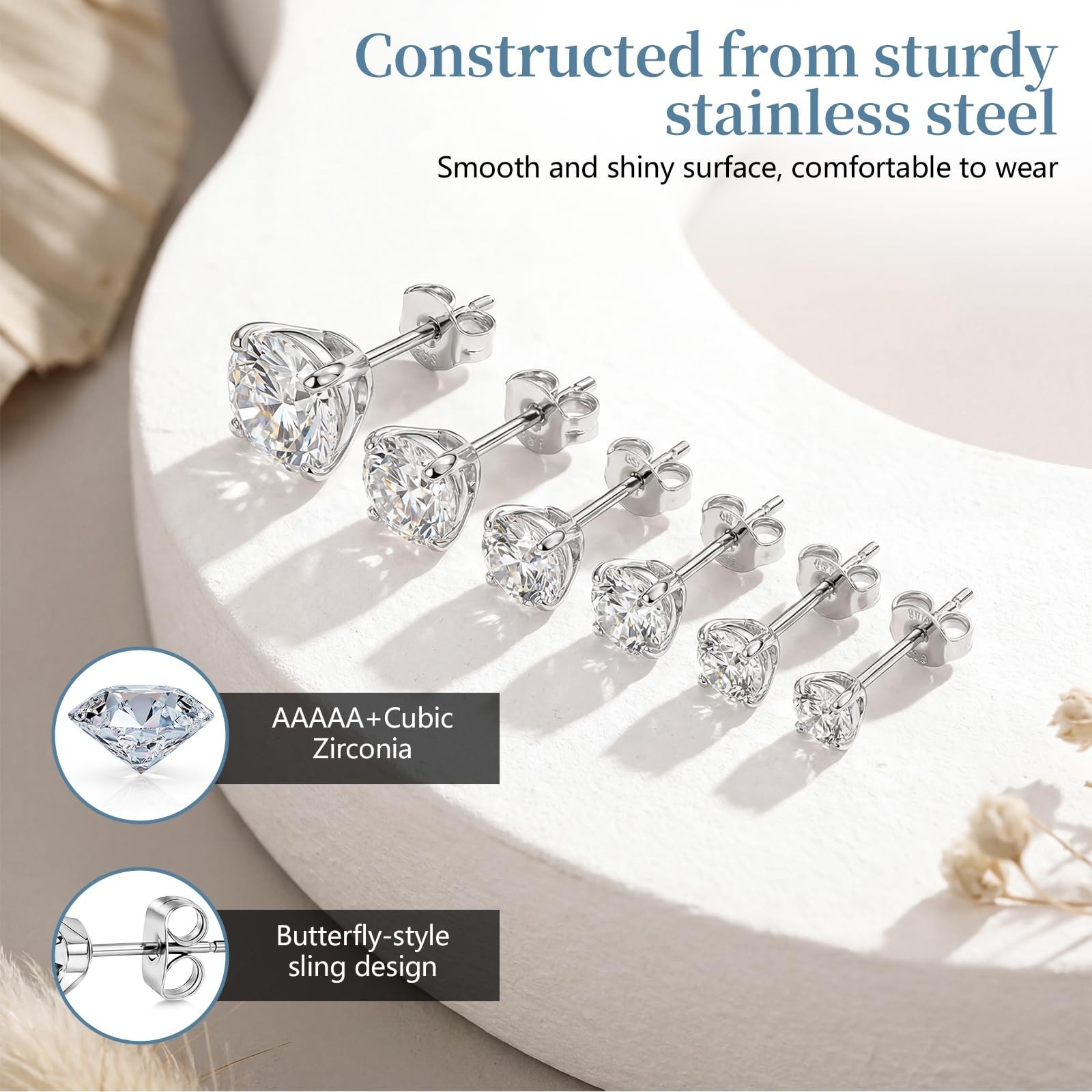 7 Pairs Stainless Steel CZ Stud Earrings Set | 20G posts, 2-8mm CZ studs, 7-p…