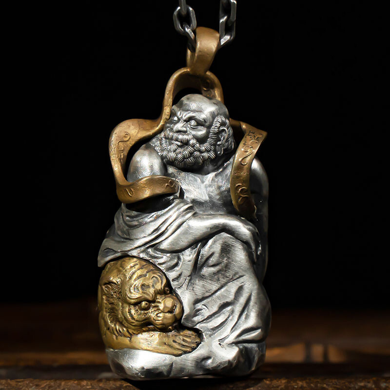 Old Monk w/ Tiger Stainless Steel Buddhist Deity Silver Gold Brass Pendant Jewel