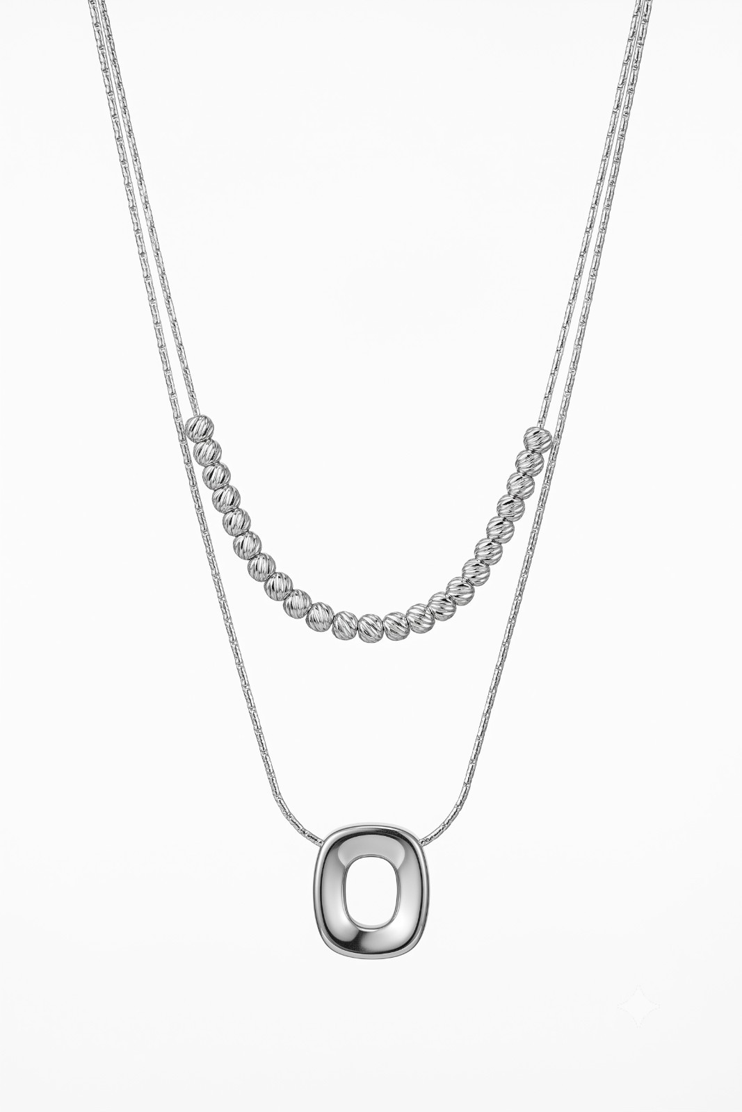 2Pcs Stainless Steel 18K White Gold Plated Layered Bead Oval Pendant Necklace