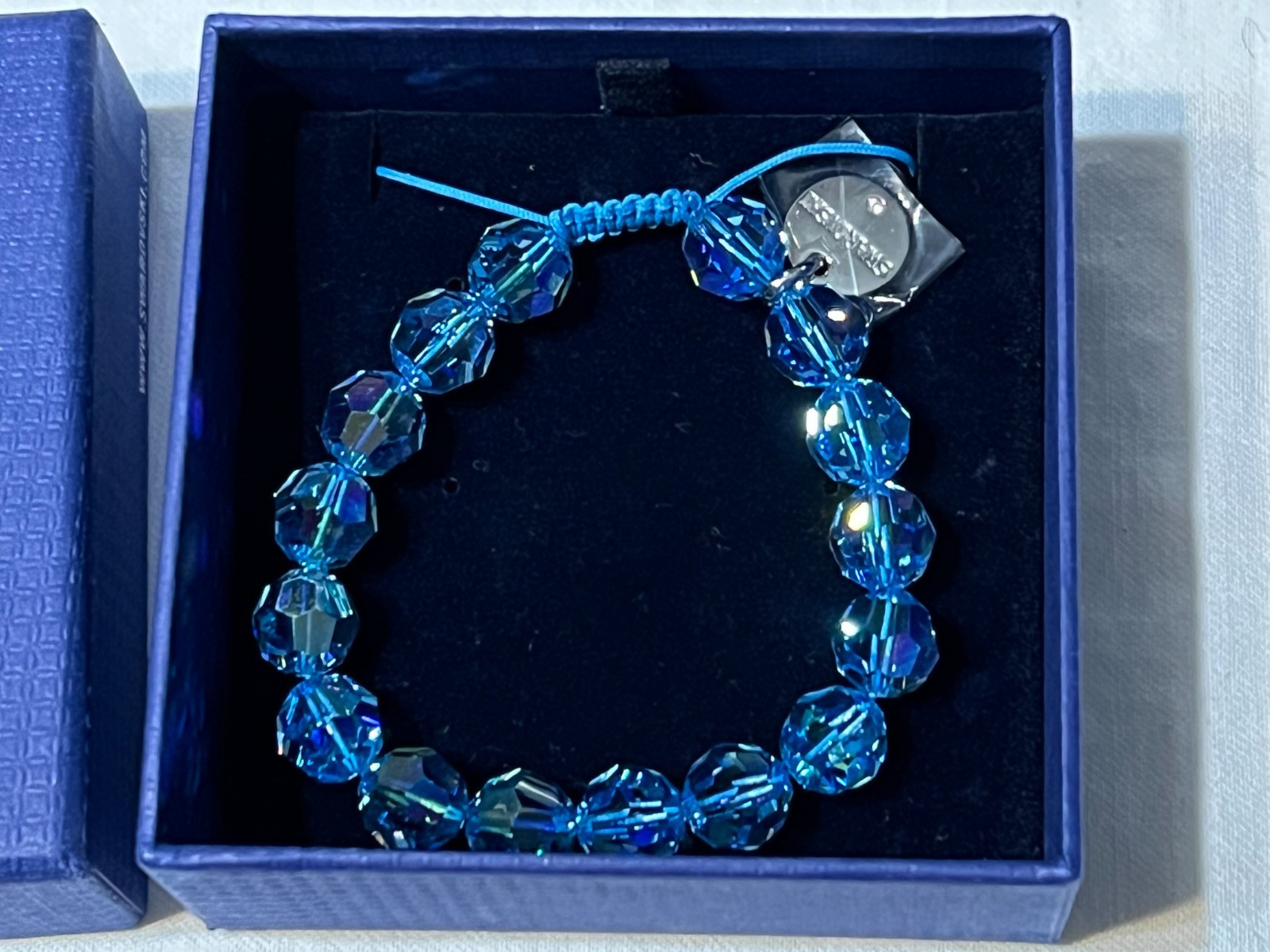 Swarovski Capri Blue Crystal Bead Bracelet Cotton Cord Adjustable – NEW