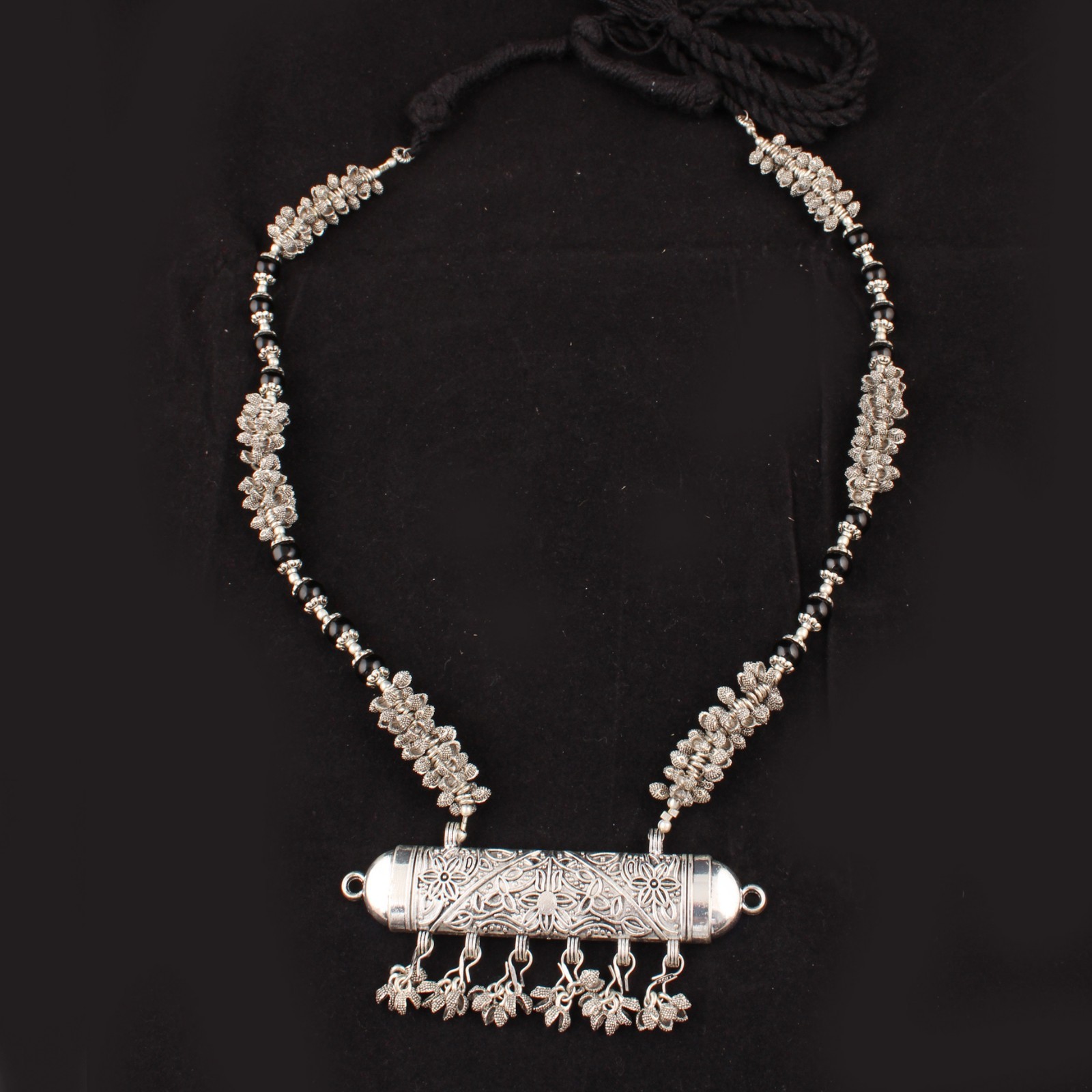 Handmade Oxidized Silver Black Beaded Necklace, Boho Ethnic Jewelry
