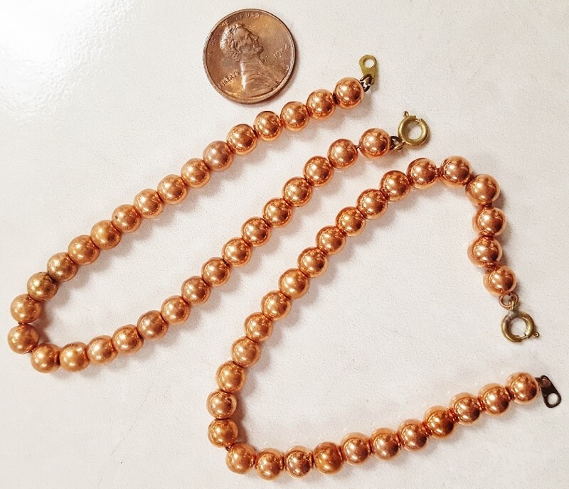 2 VINTAGE COPPER COATED ACRYLIC 6mm. BEADED BRASS CHAIN 7.50″ BRACELETS N276