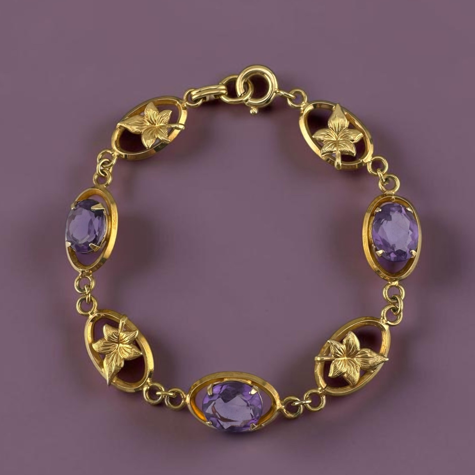 Vintage 1/20 12K Yellow Gold-Filled Amethyst Floral Link Bracelet 7″